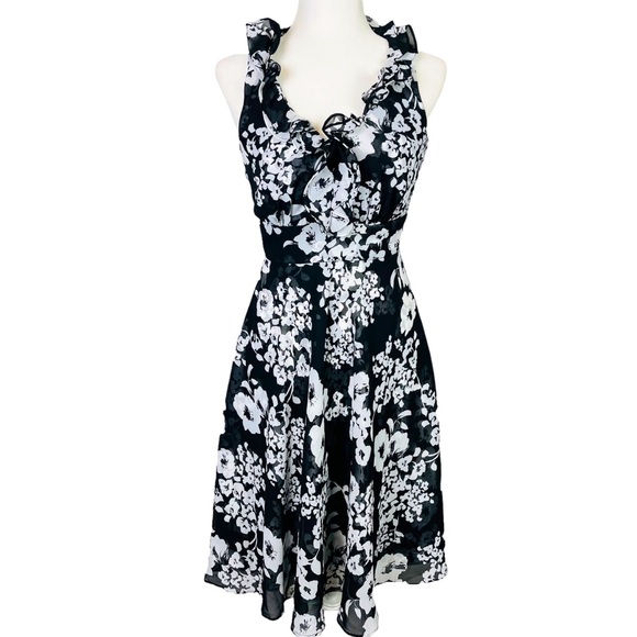 White House Black Market Dresses & Skirts - WHBM Floral Print Ruffled Halter Dress-black, white